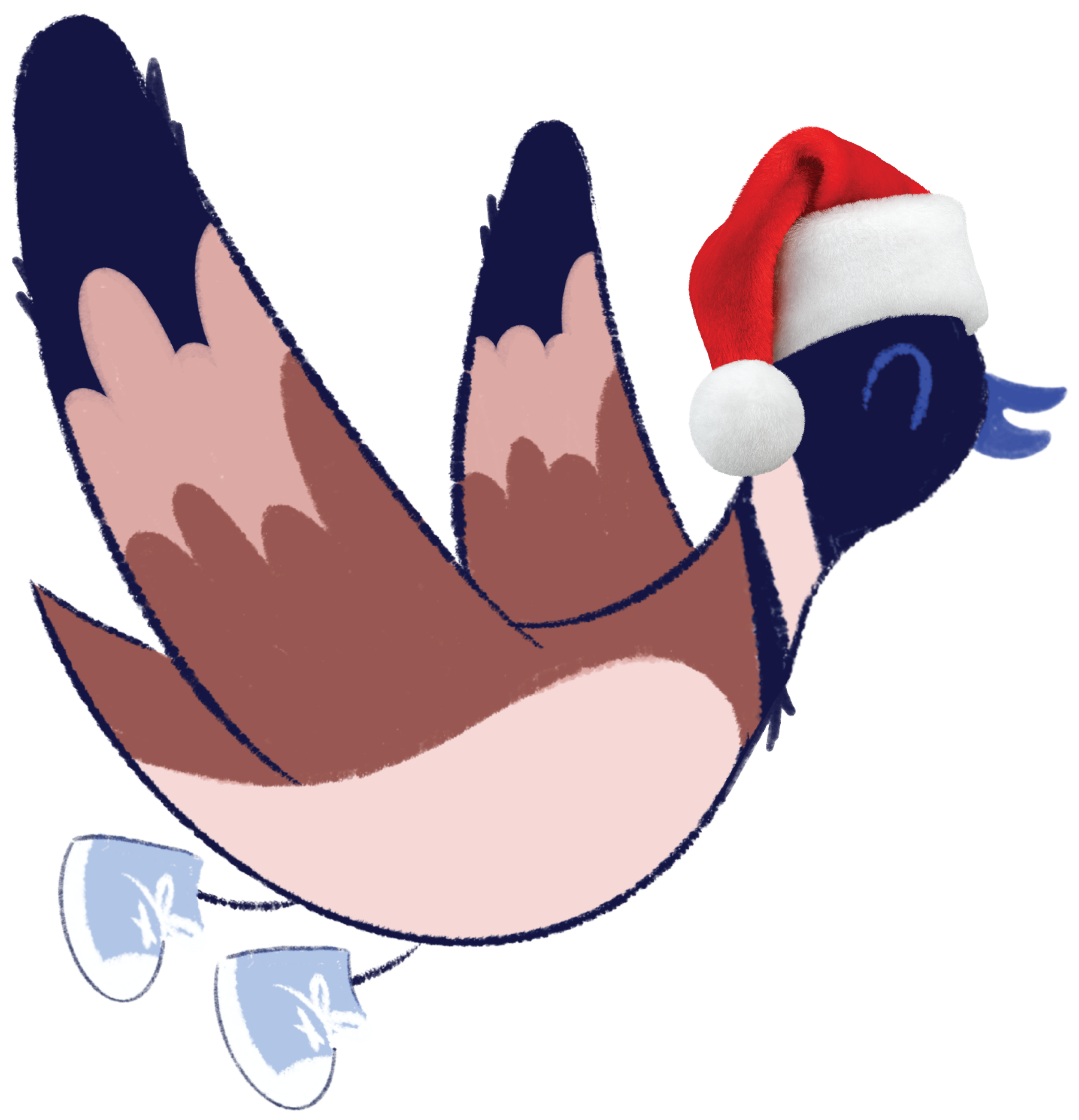 Emlilio the goose happily flying in the sky, wearing a Santa hat